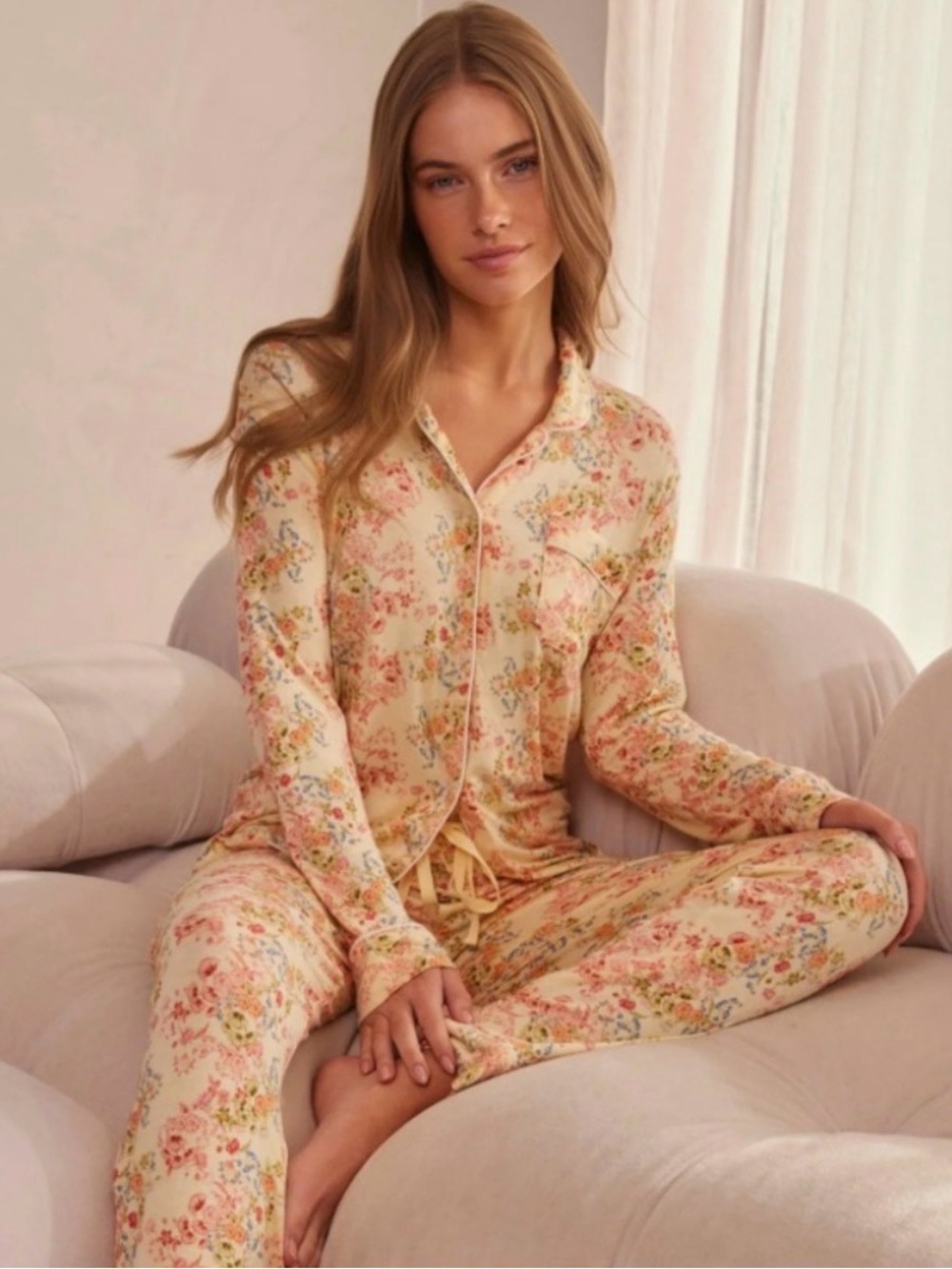 Kate Modal Soft Full Length PJ Pants Set in Molly Lemon Cream Medium